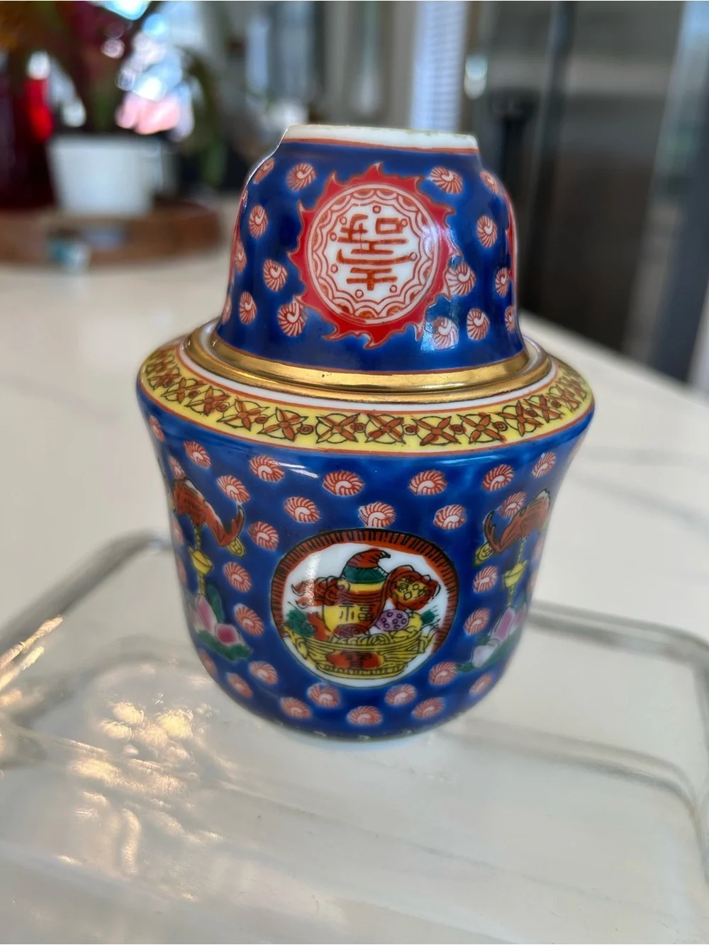 Vintage Chinese Blue and Gold Porcelain Decorative Tea Canister 3 pc